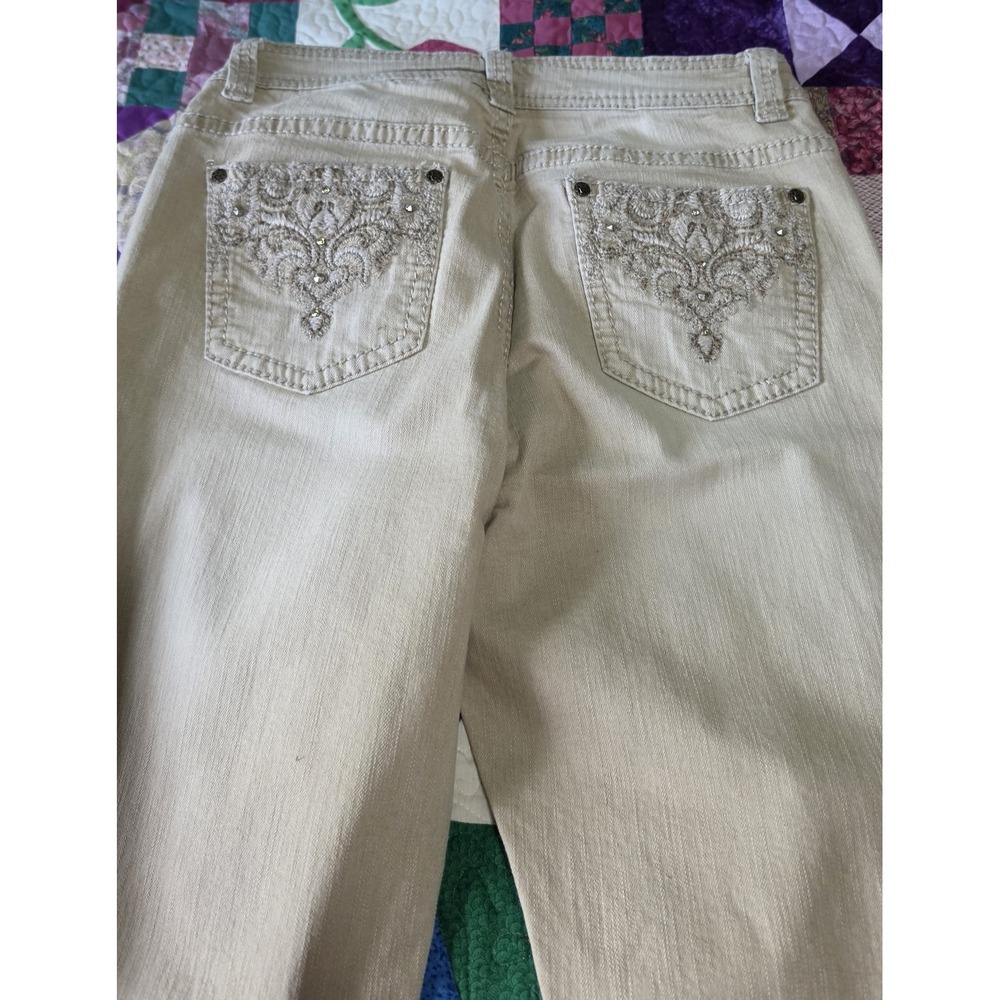 Reba Beige Denim Jeans Rhinestone Embroidered Cotton spandex SIZE 12